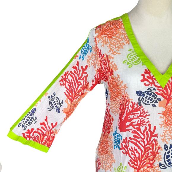 Peppermint Bay Colorful Orange Coral & Turtle Print Tunic Beach Swim Coverup - Picture 7 of 10